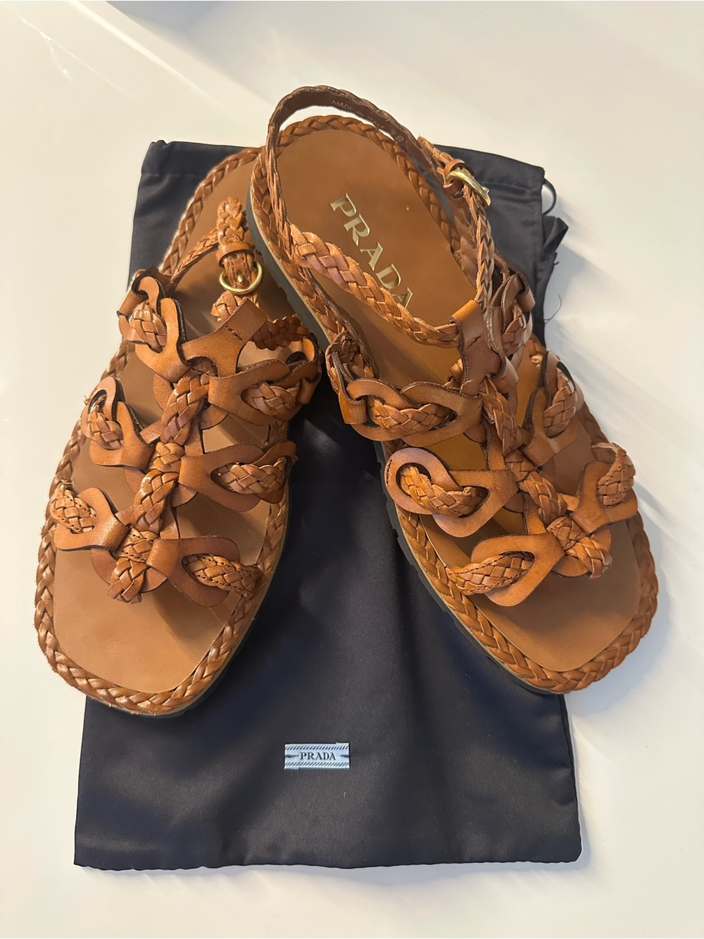 Prada Tan Braided Leather Slingback Sandals